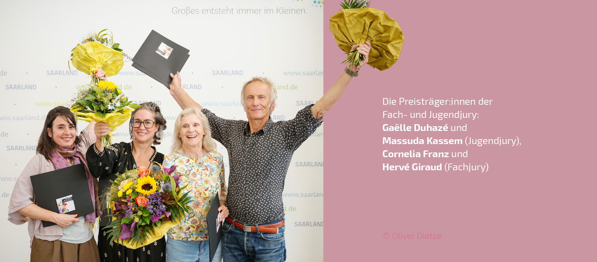 Die Preisträger:innen der Fach- und Jugendjury: Gaëlle Duhazé und Massuda Kassem (Jugendjury), Cornelia Franz und Hervé Giraud (Fachjury)