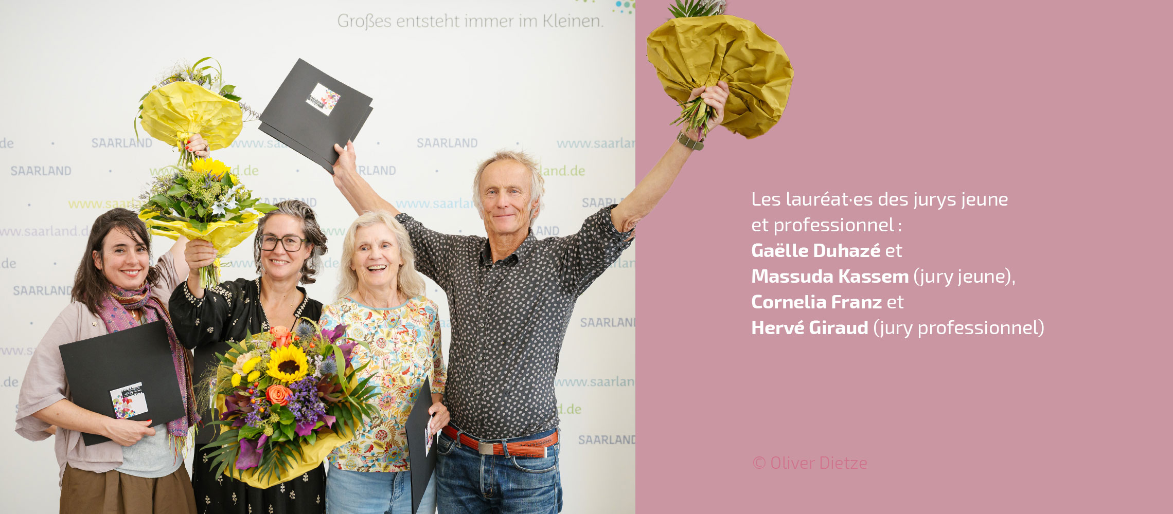Les lauréat·es des jurys jeune et professionnel : Gaëlle Duhazé et Massuda Kassem (jury jeune), Cornelia Franz et Hervé Giraud (jury professionnel)